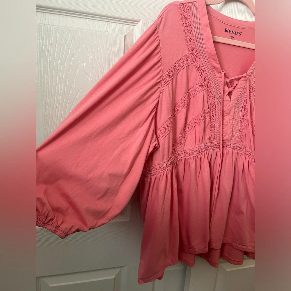 Roaman's Pink Lace Accent Balloon Sleeves Top 22/24-1x - Picture 5 of 5